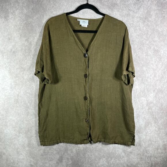 Hot Cotton Blouse Womens Medium Green Linen Button Front Minimalist Lagenlook - Picture 1 of 9